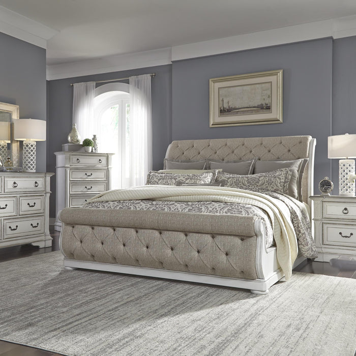 Abbey Park Queen Uph Sleigh Bed, Dresser & Mirror, Chest, Nightstand