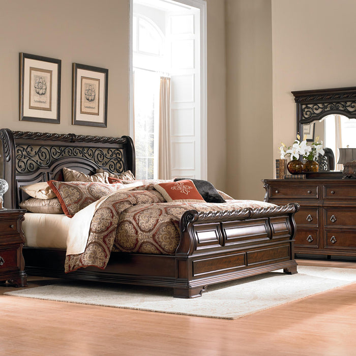 Arbor Place King California Sleigh Bed, Dresser & Mirror, Chest