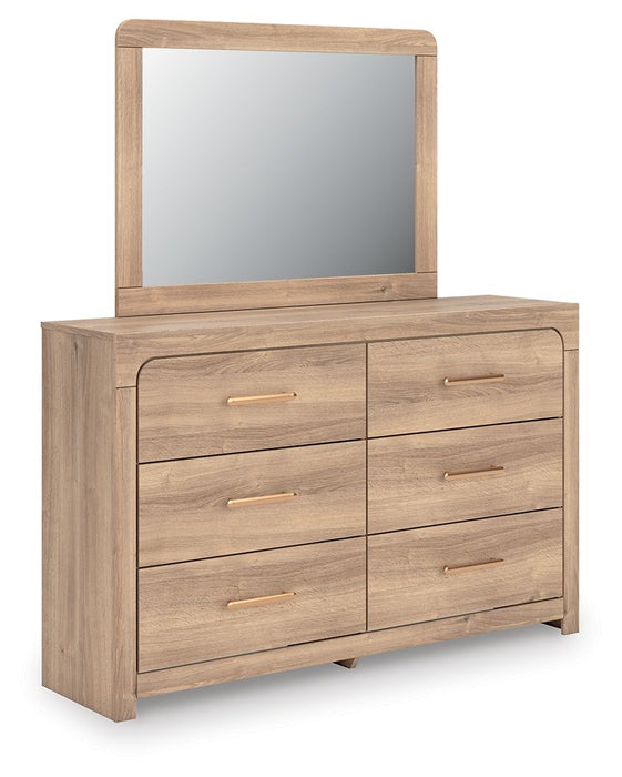 Kinlanni - 3 Pc. - Queen Upholstered Panel Bed, Dresser And Mirror - Tan