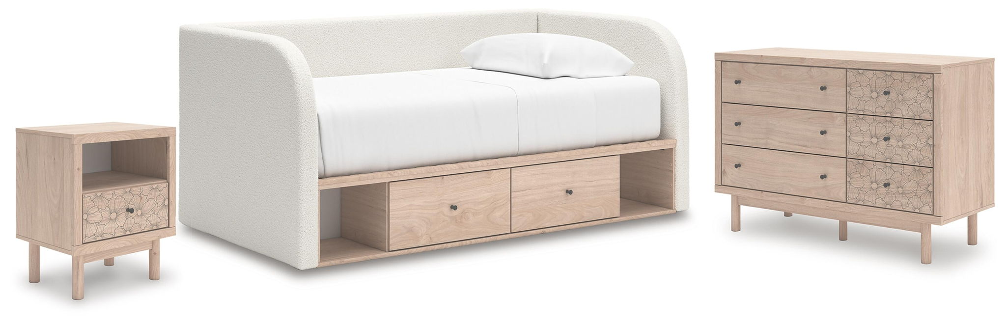 Arloster - 3 Pc. - Twin Day Bed With Storage, Dresser And Nightstand - White