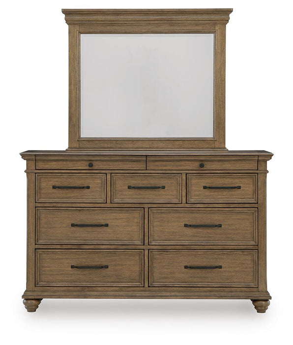 Karallin - 3 Pc. - Queen Panel Storage Bed, Dresser And Mirror - Medium Brown