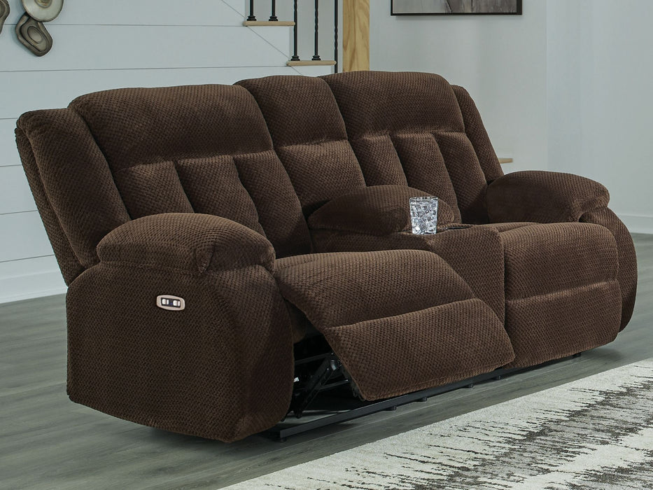 Free Wake - Double Relcining Power Loveseat With Console - Chocolate