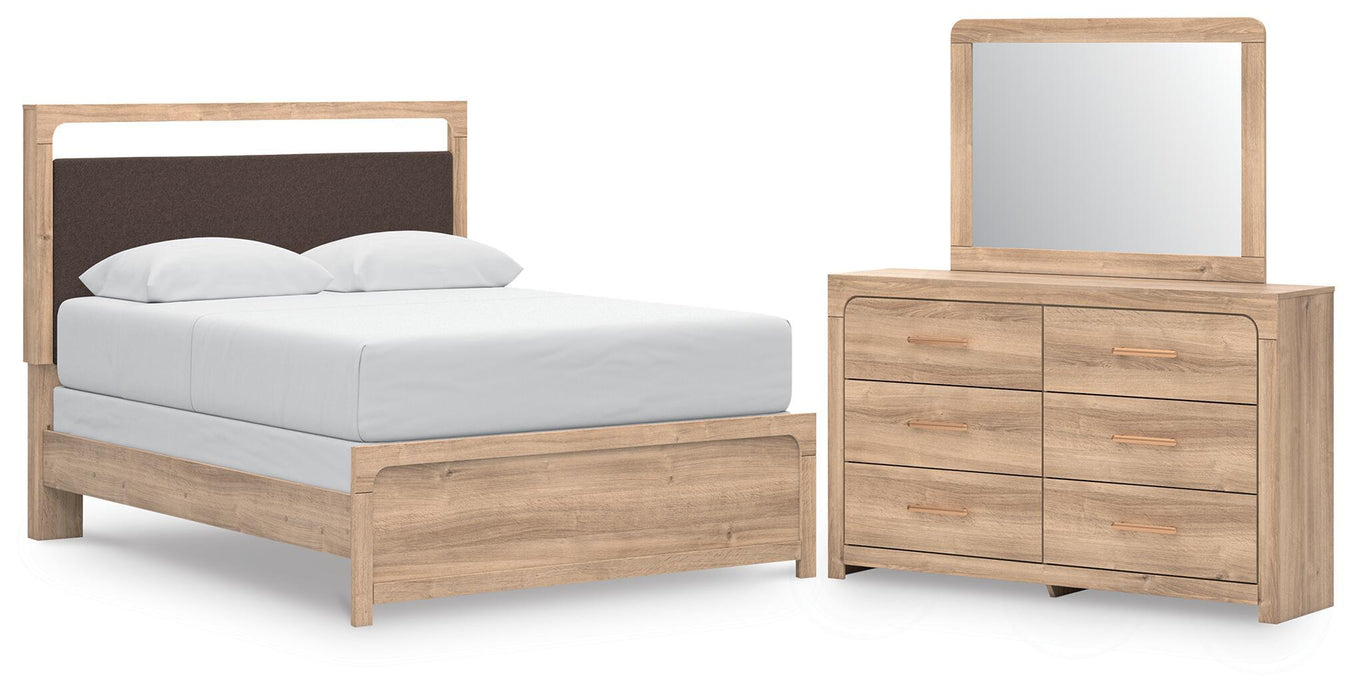 Kinlanni - 3 Pc. - Queen Upholstered Panel Bed, Dresser And Mirror - Tan